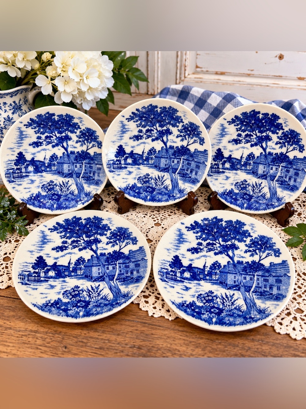 Vintage Japan Blue White Scenic Plates Set of 5